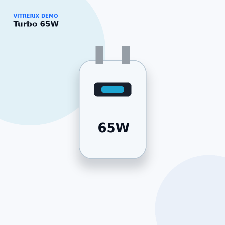 Carregador Turbo 65W — imagem fictícia da demo Vitrerix